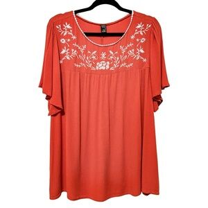 Women’s Plus 3X Embroidered Boho Peasant Blouse Rust Terracotta Orange Fall Top